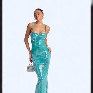 Fashion Nova Teal Sequin Twist-Front Maxi Dress